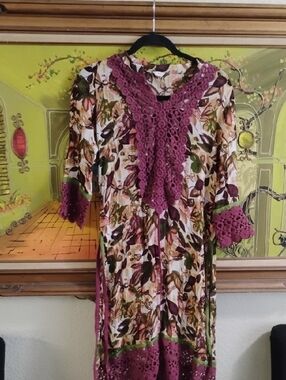 Floral Crochet-Trim Midi Dress in Plum